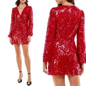 NEW WAYF Red CARRIE Balloon LONG SLEEVE Sequin COCKTAIL Mini DRESS S